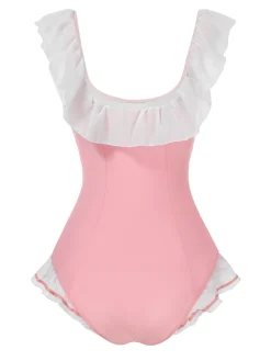 Hot Retro Stage [US Warehouse] 1950s Bowknot Lapel One-Piece Swimsuit Pink