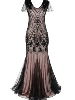 Fashion Retro Stage [US Warehouse] Pink 1920s Cap Sleeve Sequin Evening Dress