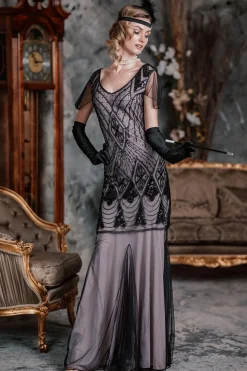 Fashion Retro Stage [US Warehouse] Pink 1920s Cap Sleeve Sequin Evening Dress