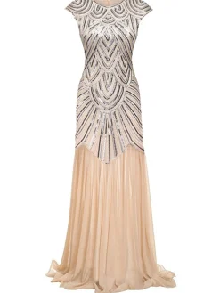 Best Retro Stage [US Warehouse] 1920s Embroidery Sequin Maxi Dress Pink