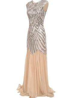 Best Retro Stage [US Warehouse] 1920s Embroidery Sequin Maxi Dress Pink