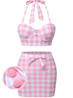 Fashion Retro Stage [US Warehouse] 1950s Halter Plaids Bow Swimsuit Pink