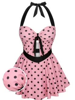 Clearance Retro Stage [US Warehouse] 1950s Halter Polka Dots One-Piece Swimsuit Pink