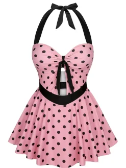 Clearance Retro Stage [US Warehouse] 1950s Halter Polka Dots One-Piece Swimsuit Pink