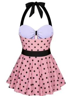 Clearance Retro Stage [US Warehouse] 1950s Halter Polka Dots One-Piece Swimsuit Pink