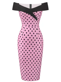 Sale Retro Stage [US Warehouse] Pink 1960s Off-shoulder Dots Pencil Dress