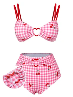 Online Retro Stage [US Warehouse] 1950s Plaid & Cherry Strap Swimsuit Pink