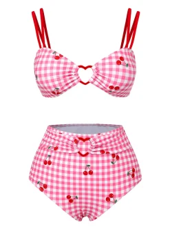 Online Retro Stage [US Warehouse] 1950s Plaid & Cherry Strap Swimsuit Pink
