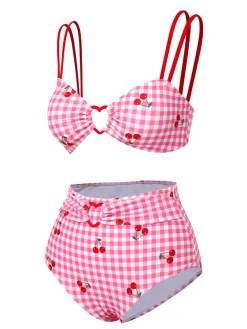 Online Retro Stage [US Warehouse] 1950s Plaid & Cherry Strap Swimsuit Pink