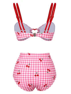 Online Retro Stage [US Warehouse] 1950s Plaid & Cherry Strap Swimsuit Pink