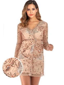 Hot Retro Stage [US Warehouse] 1920s Sequined Long Sleeve Dress Pink
