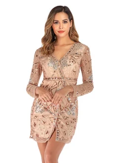 Hot Retro Stage [US Warehouse] 1920s Sequined Long Sleeve Dress Pink