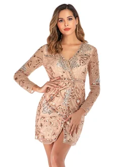 Hot Retro Stage [US Warehouse] 1920s Sequined Long Sleeve Dress Pink