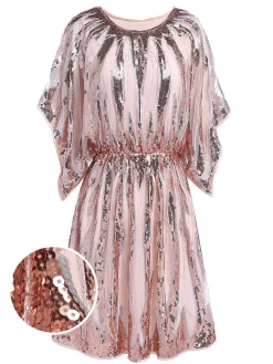 Best Retro Stage [US Warehouse] Pink 1920s Sequined Flare Sleeve Dress