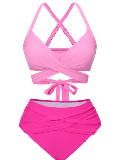Best Retro Stage [US Warehouse] 1960s Solid Strap Bandage Bikini Set Pink
