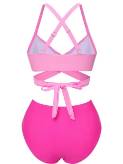 Best Retro Stage [US Warehouse] 1960s Solid Strap Bandage Bikini Set Pink