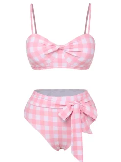 Hot Retro Stage [US Warehouse] 1940s Spaghetti Strap Plaid Bow Swimsuit Pink
