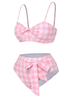 Hot Retro Stage [US Warehouse] 1940s Spaghetti Strap Plaid Bow Swimsuit Pink