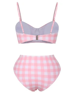 Hot Retro Stage [US Warehouse] 1940s Spaghetti Strap Plaid Bow Swimsuit Pink