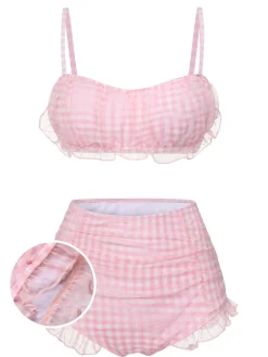 New Retro Stage [US Warehouse] 1940s Spaghetti Strap Mesh Plaids Swimsuit Pink