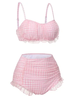 New Retro Stage [US Warehouse] 1940s Spaghetti Strap Mesh Plaids Swimsuit Pink