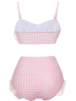 New Retro Stage [US Warehouse] 1940s Spaghetti Strap Mesh Plaids Swimsuit Pink