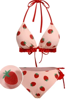 Outlet Retro Stage [US Warehouse] 1950s Strawberry Lace-Up Halter Swimsuit Pink