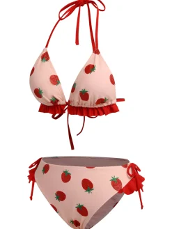 Outlet Retro Stage [US Warehouse] 1950s Strawberry Lace-Up Halter Swimsuit Pink