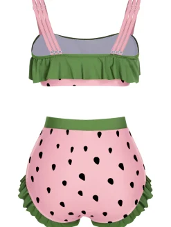 New Retro Stage [US Warehouse] Pink 1950s Strawberry Ruffle Strap Swimsuit
