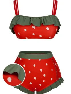 New Retro Stage [US Warehouse] Pink 1950s Strawberry Ruffle Strap Swimsuit