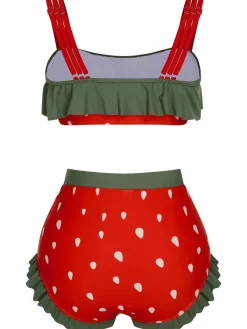 New Retro Stage [US Warehouse] Pink 1950s Strawberry Ruffle Strap Swimsuit