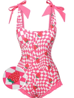 Discount Retro Stage [US Warehouse] 1960s Strawberry Plaid One-Piece Swimsuit Pink