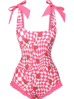 Discount Retro Stage [US Warehouse] 1960s Strawberry Plaid One-Piece Swimsuit Pink
