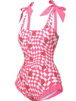 Discount Retro Stage [US Warehouse] 1960s Strawberry Plaid One-Piece Swimsuit Pink