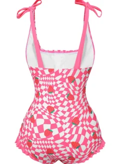 Discount Retro Stage [US Warehouse] 1960s Strawberry Plaid One-Piece Swimsuit Pink
