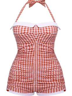 Best Retro Stage [US Warehouse] [Plus Size] Gingham 1950s Halter Bowknot One-piece Swimsuit