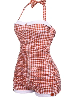 Best Retro Stage [US Warehouse] [Plus Size] Gingham 1950s Halter Bowknot One-piece Swimsuit