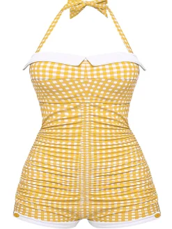 Best Retro Stage [US Warehouse] [Plus Size] Gingham 1950s Halter Bowknot One-piece Swimsuit