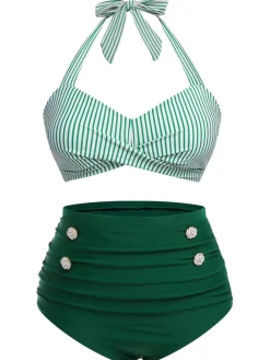 Hot Retro Stage [US Warehouse] [Plus Size] 1940s Striped Halter Swimsuit Green