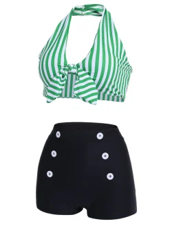 Sale Retro Stage [US Warehouse] [Plus Size] 1950s Retro Halter Stripes Bikini Set Green