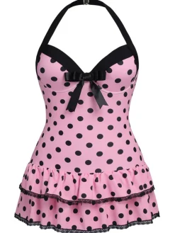 New Retro Stage [US Warehouse] [Plus Size] Pink 1940s Polka Dots Hater Swimsuit