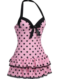 New Retro Stage [US Warehouse] [Plus Size] Pink 1940s Polka Dots Hater Swimsuit
