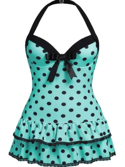 New Retro Stage [US Warehouse] [Plus Size] Pink 1940s Polka Dots Hater Swimsuit
