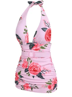 Outlet Retro Stage [US Warehouse] [Plus Size] 1930s Roses Halter Belt Swimsuit Pink