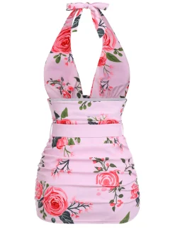 Outlet Retro Stage [US Warehouse] [Plus Size] 1930s Roses Halter Belt Swimsuit Pink