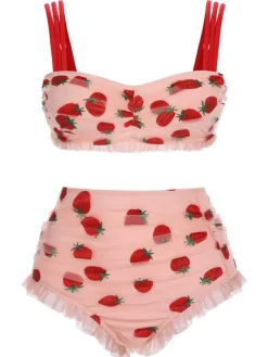 Best Retro Stage [US Warehouse] [Plus Size] 1950s Lace Strawberry Cami Tankini Set Pink