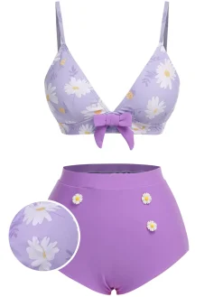 New Retro Stage [US Warehouse] 1950s Daisy Bow Strap Swimsuit Purple