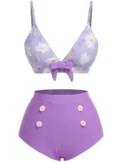 New Retro Stage [US Warehouse] 1950s Daisy Bow Strap Swimsuit Purple