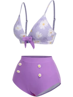 New Retro Stage [US Warehouse] 1950s Daisy Bow Strap Swimsuit Purple