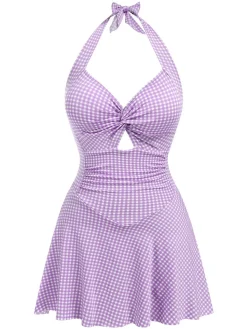 Online Retro Stage [US Warehouse] Purple 1930s Plaid Halter One-Piece Swimsuit